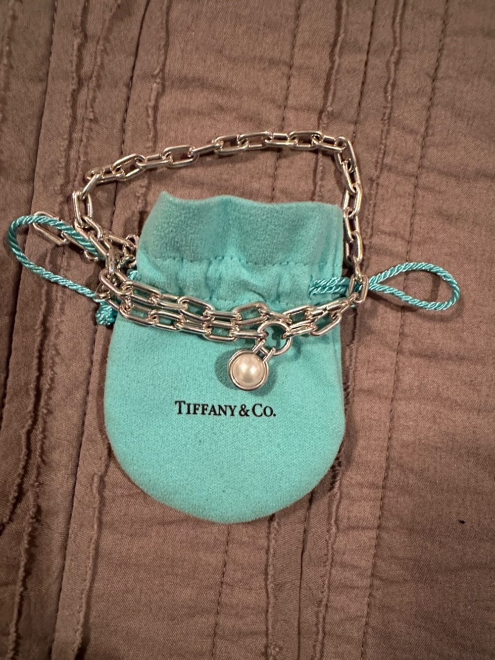 Tiffany & Co. Sterling Silver and Pearl Bracelet with Signature Blue Pouch